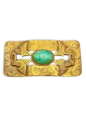 Antique Brass & Swirled Satin Green Art Glass Cabochon Sash Pin